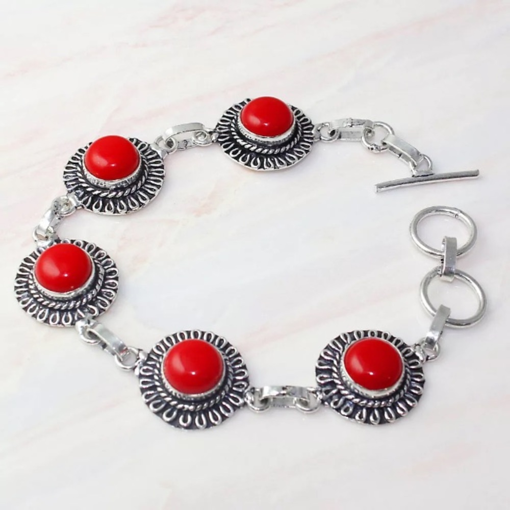 Red Coral & Silver Bracelet